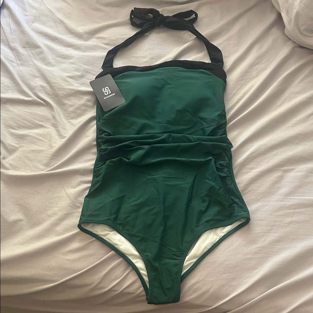 Green Halter One-Piece Swimsuit with Black Trim